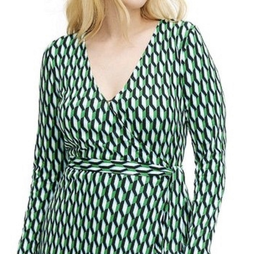 Diane Von Furstenberg Target DVF Longsleeve Midi Arrow Geo Green Wrap Dress Med.